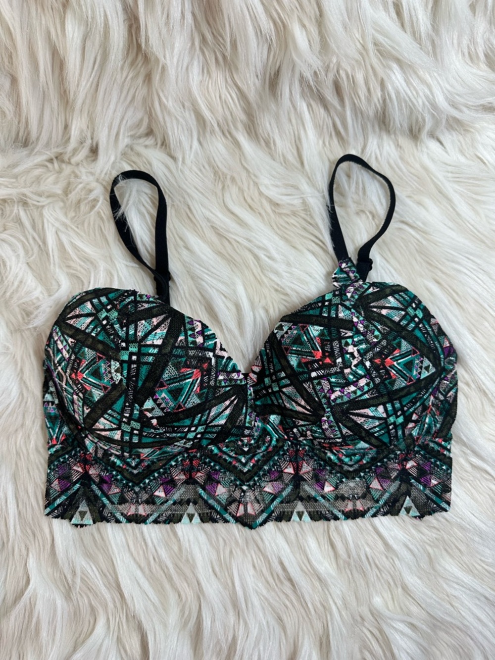 Victoria's Secret Black & Teal Geometric Lace Longline Bralette